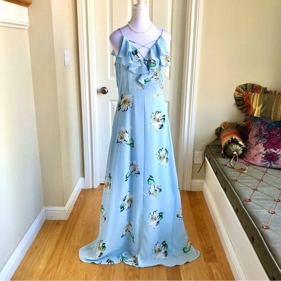 New Look Dress Maxi Light Blue Floral V-Neck Tie Front Ruffles Low Back (8) - Picture 1 of 6